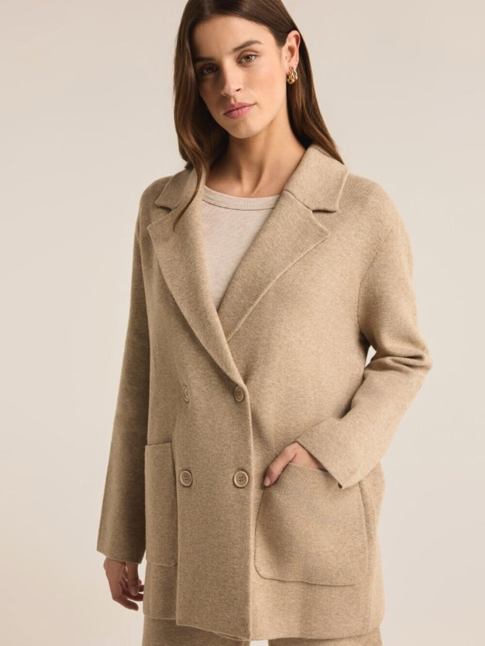 Z Supply Beige Double-Breasted Blazer Jacket